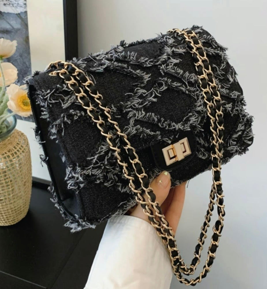 Women's Fashion Chain Strap Denim Rhombus Rough Edge Shoulder Bag,