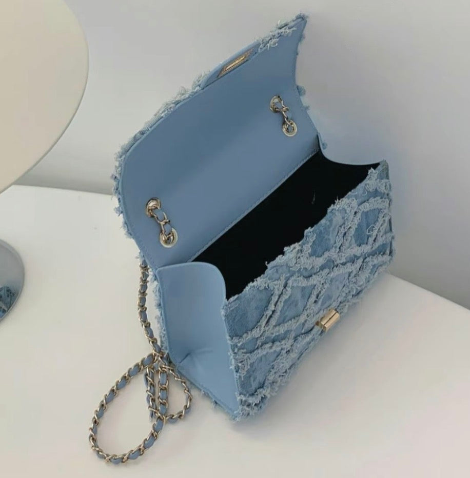 Women's Fashion Chain Strap Denim Rhombus Rough Edge Shoulder Bag,