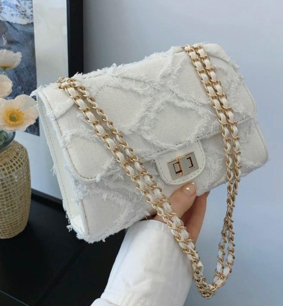 Women's Fashion Chain Strap Denim Rhombus Rough Edge Shoulder Bag,