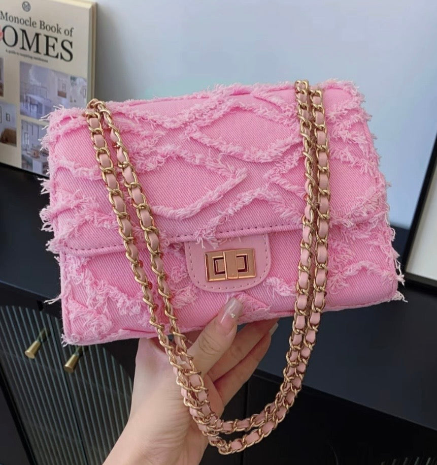 Women's Fashion Chain Strap Denim Rhombus Rough Edge Shoulder Bag,