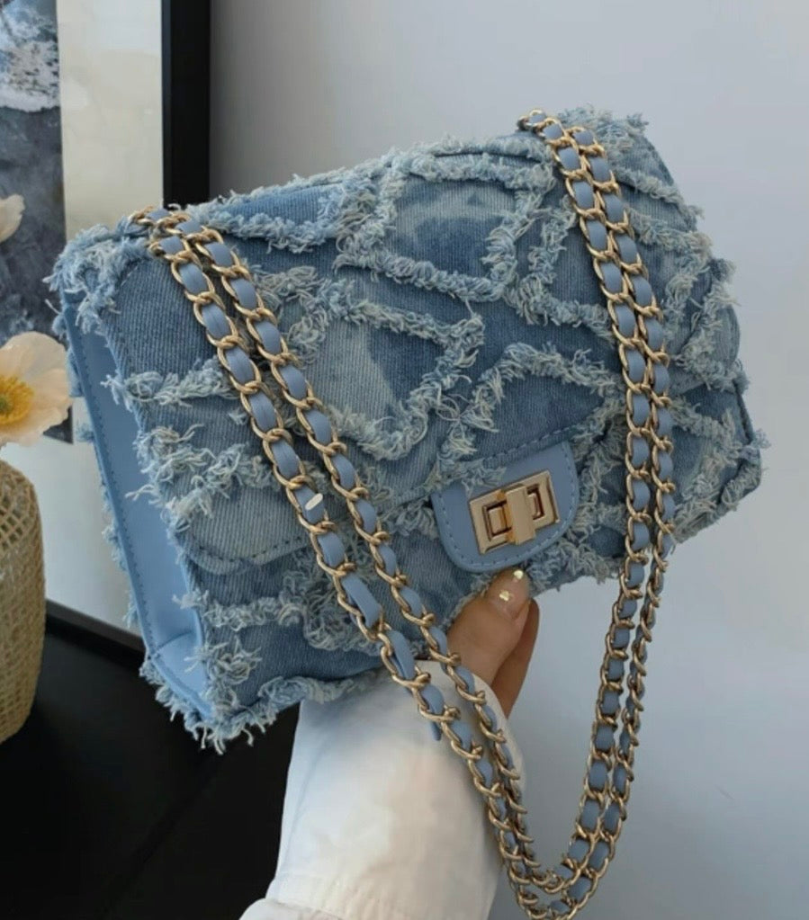 Women's Fashion Chain Strap Denim Rhombus Rough Edge Shoulder Bag,